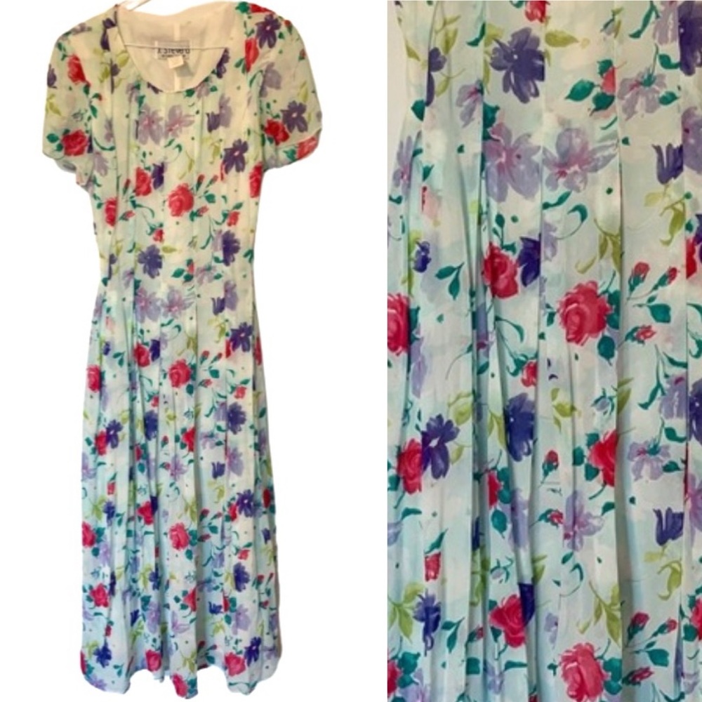 Vintage Floral A-line Dress Cottagecore feminine M 8 Romantic Sheer Pastel Flowy